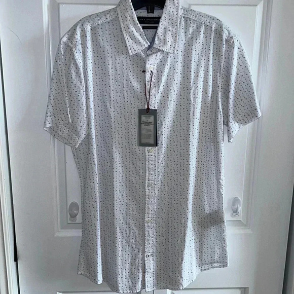 JACK&JONES L linen cotton blend short sleeve  white print button down shirt - Picture 1 of 16